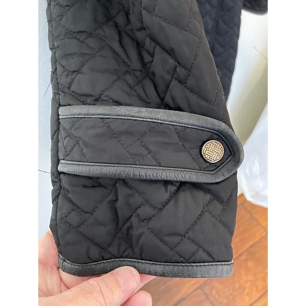 Cole Haan Womens Quilted Trench Coat Belted  Black Lamb Skin Trim‎ Medium